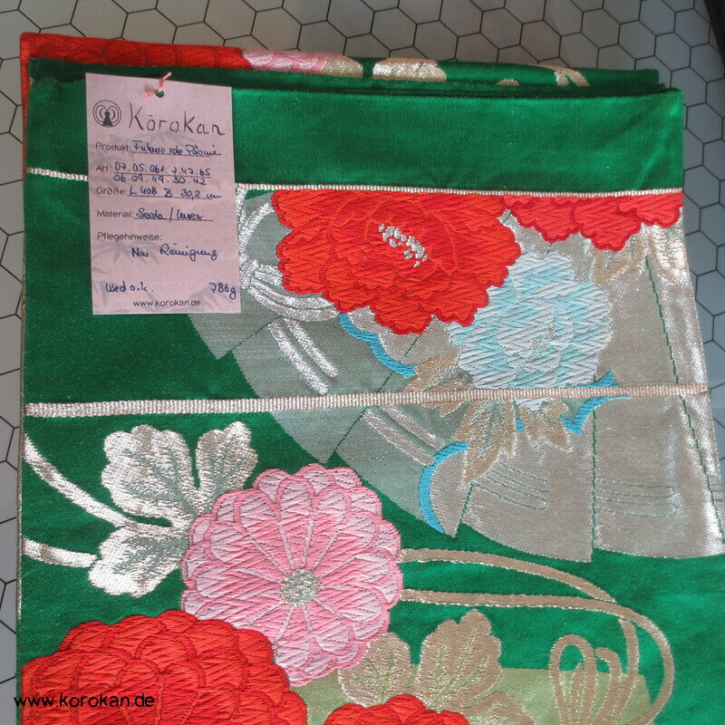 rote Päonien auf grün Vintage Fukuro Pracht Obi