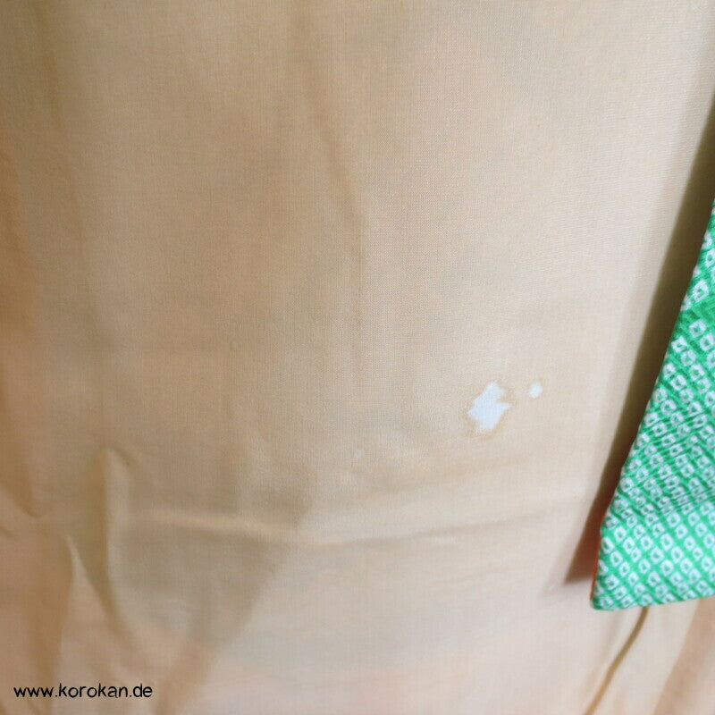 Mandarinenten in grünem Shibori Fluß Furisode Seidendamast Kimono