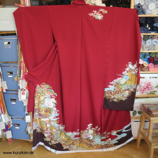 weinrot, klassische Muster Furisode, Seiden Karinui Stoff
