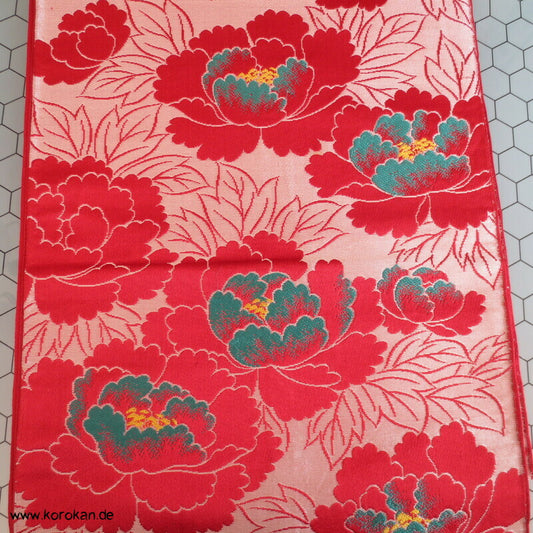 Seiden Jacquard Fukuro Obi Kimono Gürtel Päonien groß rot