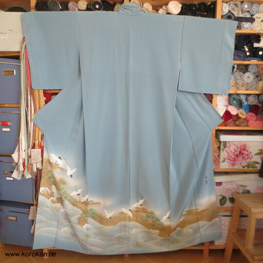 Kraniche über Wellen handbemalter Iro - Tomesode Kimono, japanischer Seidencrepe