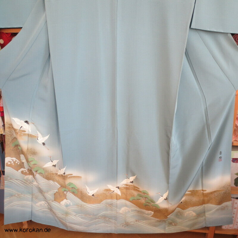 Kraniche über Wellen handbemalter Iro - Tomesode Kimono, japanischer Seidencrepe