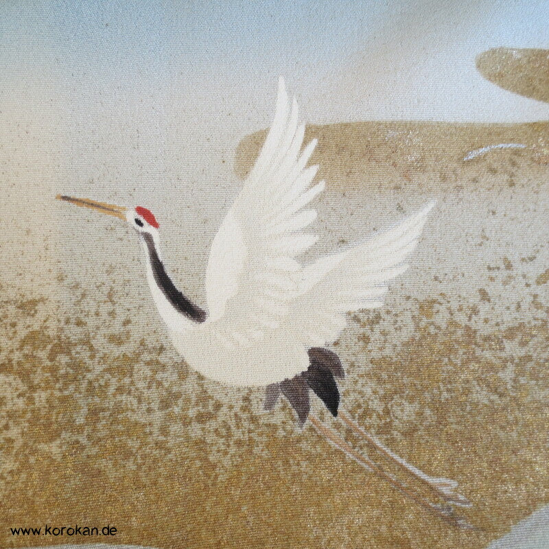 Kraniche über Wellen handbemalter Iro - Tomesode Kimono, japanischer Seidencrepe