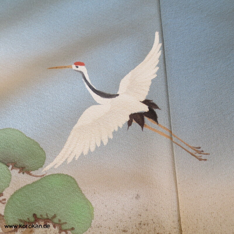Kraniche über Wellen handbemalter Iro - Tomesode Kimono, japanischer Seidencrepe