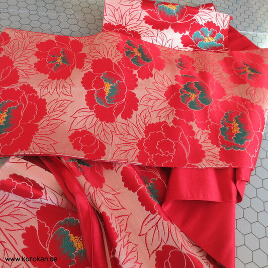 Seiden Jacquard Fukuro Obi Kimono Gürtel Päonien groß rot