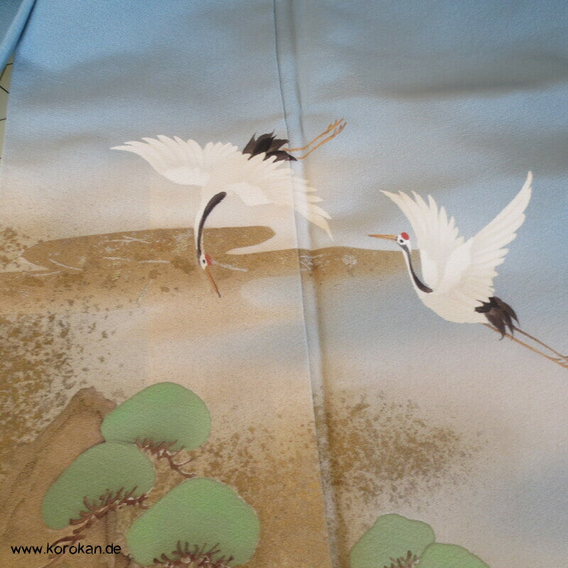 Kraniche über Wellen handbemalter Iro - Tomesode Kimono, japanischer Seidencrepe