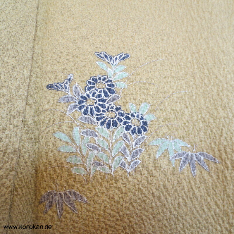 schwerer Seiden Chirimen Crepe Homongi Kimono - senf mit oliv