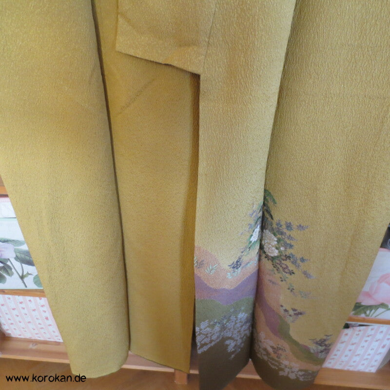 schwerer Seiden Chirimen Crepe Homongi Kimono - senf mit oliv