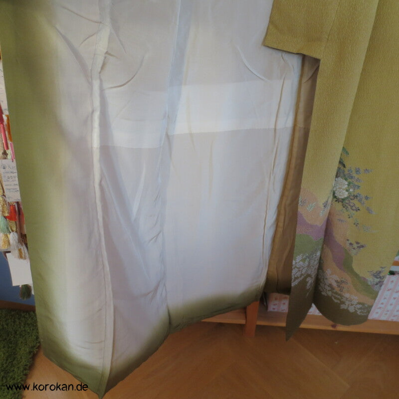 schwerer Seiden Chirimen Crepe Homongi Kimono - senf mit oliv