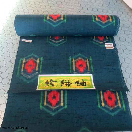 regenbogenbuntes Kikko Kasuri in petrol Kimono Wollstoff