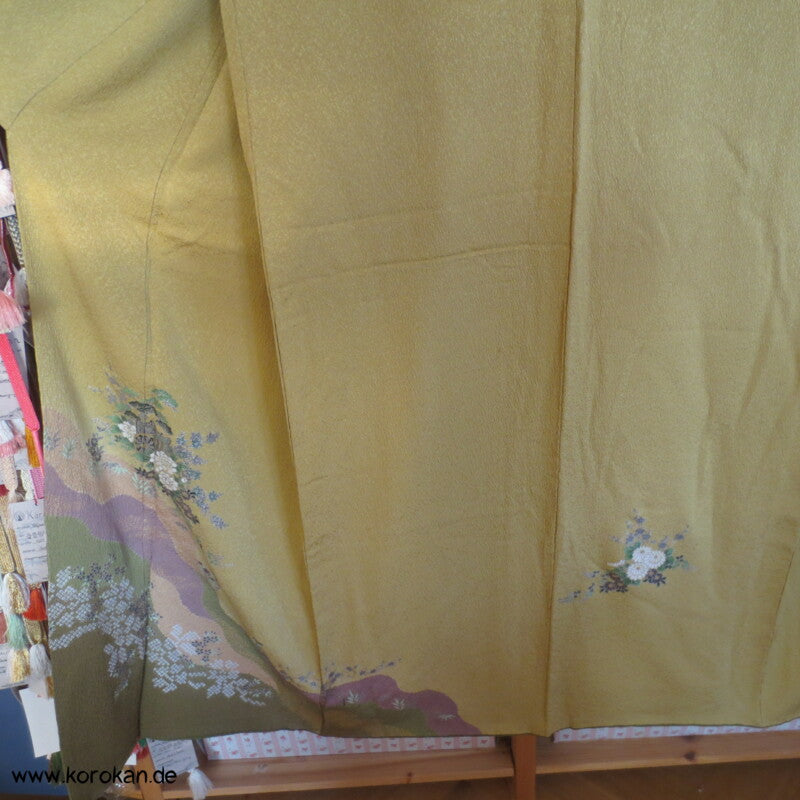 schwerer Seiden Chirimen Crepe Homongi Kimono - senf mit oliv