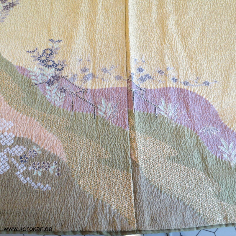 schwerer Seiden Chirimen Crepe Homongi Kimono - senf mit oliv