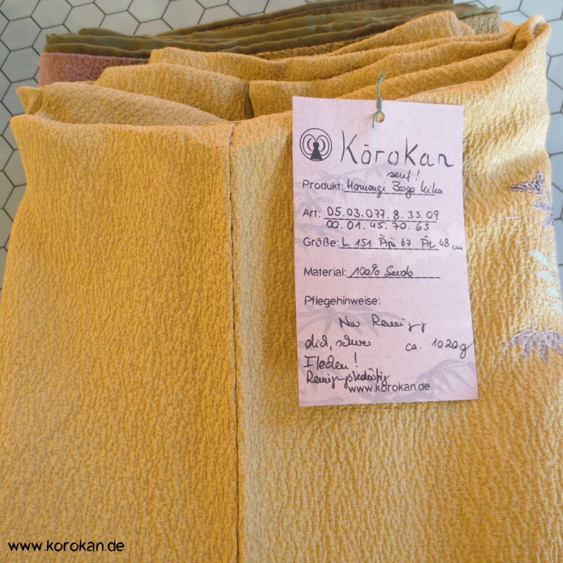 schwerer Seiden Chirimen Crepe Homongi Kimono - senf mit oliv