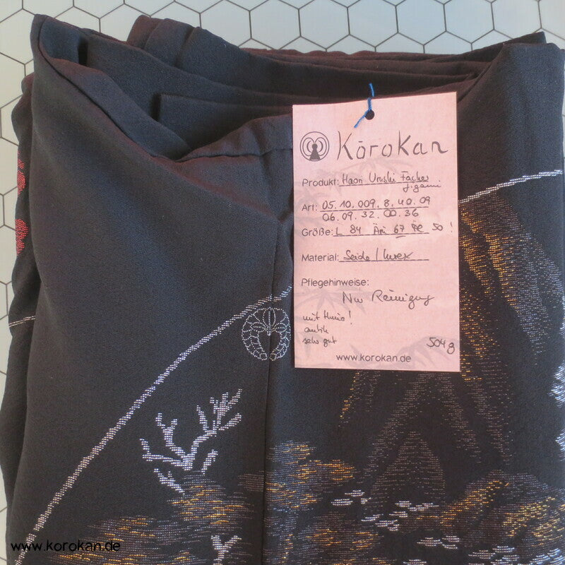 Urushi Blüten Fächer Seidenbrokat schwarz Haori Kimono Jacke, mit Himo