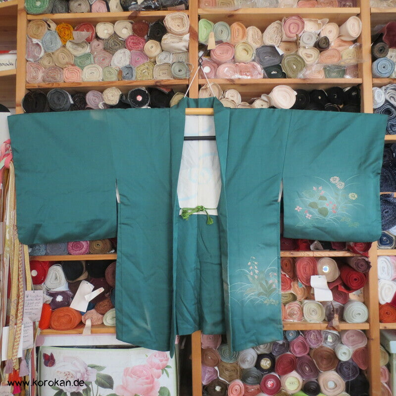 handgemalten Wiesenblumen auf türkis Seiden Haori Kimono Jacke, mit Himo