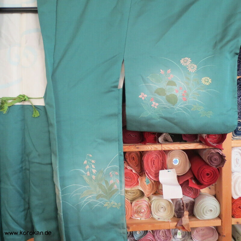 handgemalten Wiesenblumen auf türkis Seiden Haori Kimono Jacke, mit Himo