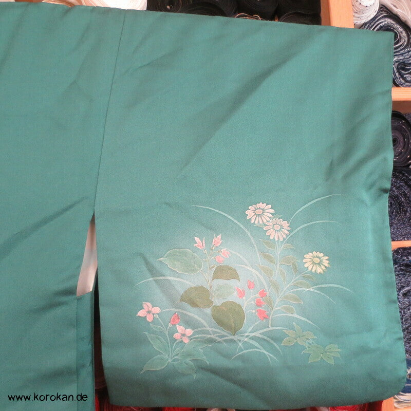 handgemalten Wiesenblumen auf türkis Seiden Haori Kimono Jacke, mit Himo