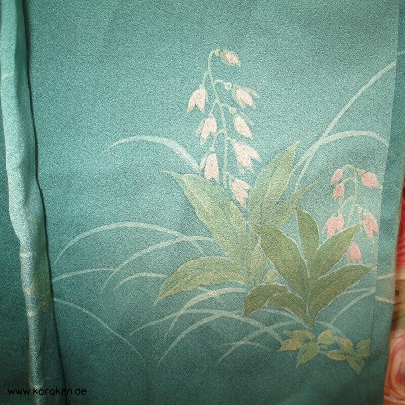 handgemalten Wiesenblumen auf türkis Seiden Haori Kimono Jacke, mit Himo