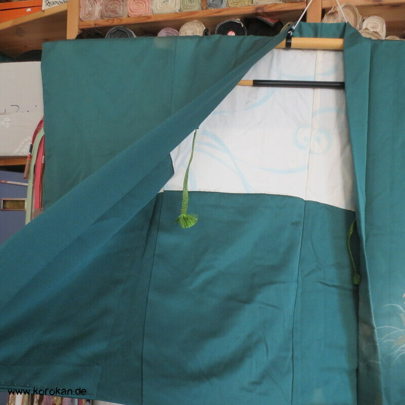 handgemalten Wiesenblumen auf türkis Seiden Haori Kimono Jacke, mit Himo