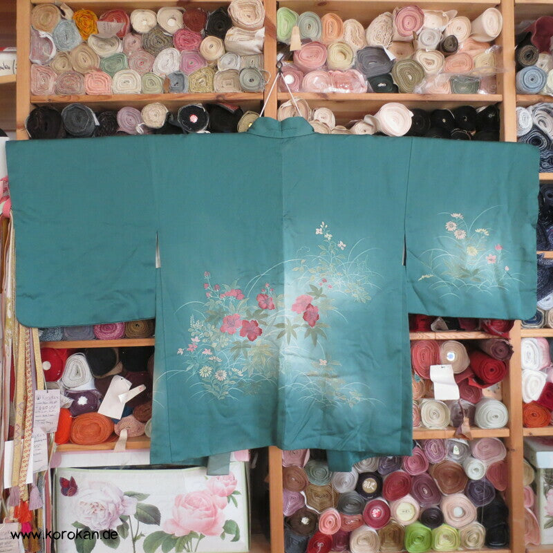 handgemalten Wiesenblumen auf türkis Seiden Haori Kimono Jacke, mit Himo