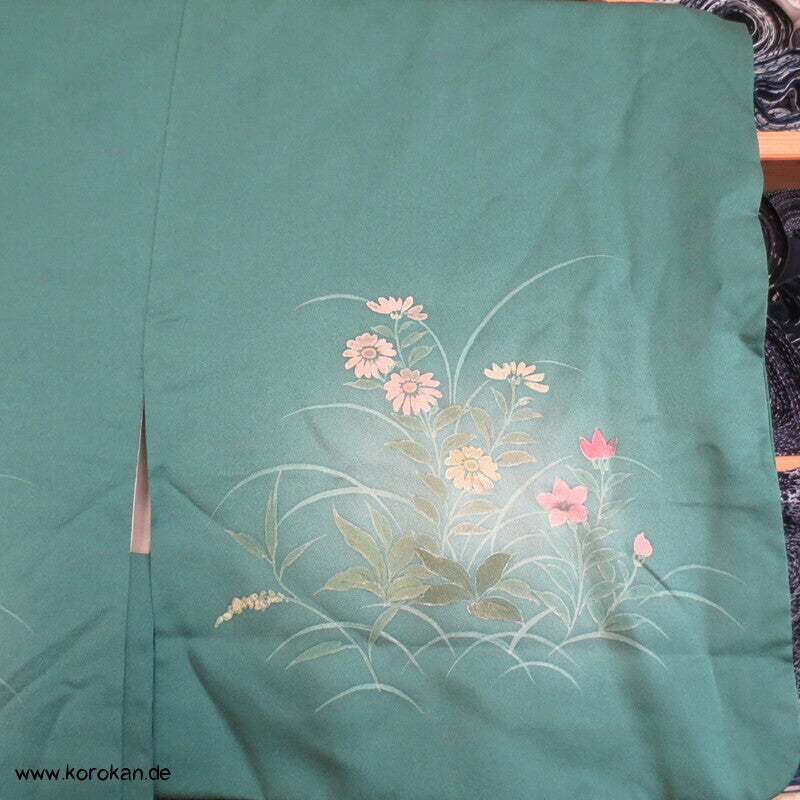 handgemalten Wiesenblumen auf türkis Seiden Haori Kimono Jacke, mit Himo