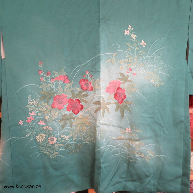 handgemalten Wiesenblumen auf türkis Seiden Haori Kimono Jacke, mit Himo