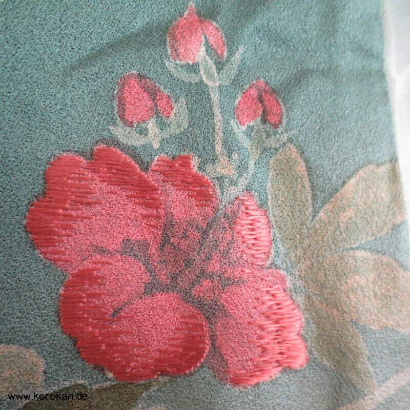 handgemalten Wiesenblumen auf türkis Seiden Haori Kimono Jacke, mit Himo