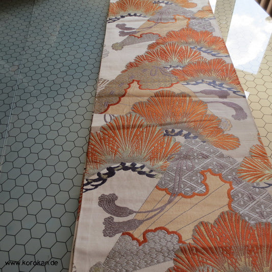 Pinie Fächer Maru Obi Seidenbrokat Kimonogürtel