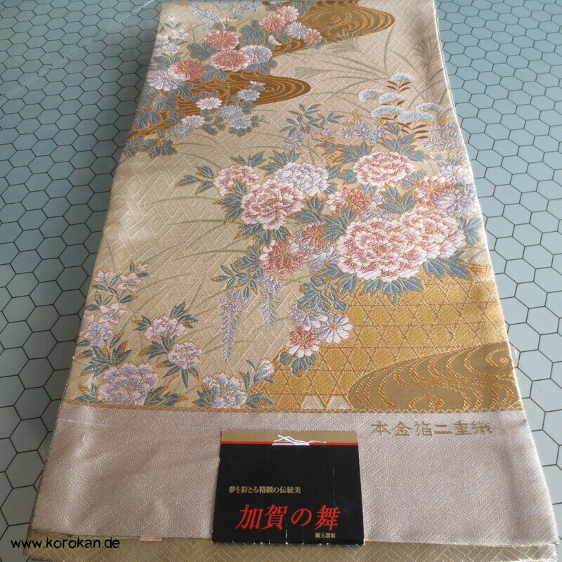 Päonien, Blüten Fukuro Obi Seidenbrokat Kimonogürtel, neu