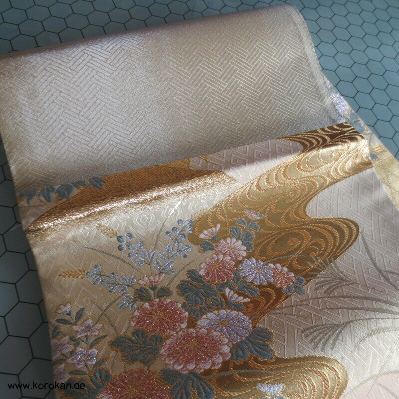 Päonien, Blüten Fukuro Obi Seidenbrokat Kimonogürtel, neu