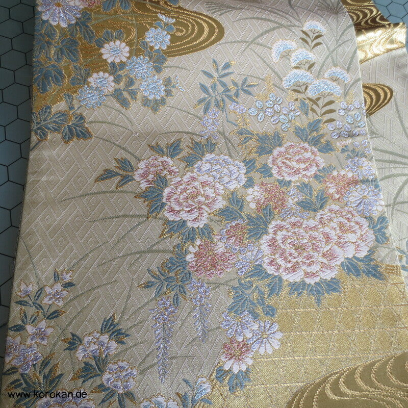 Päonien, Blüten Fukuro Obi Seidenbrokat Kimonogürtel, neu