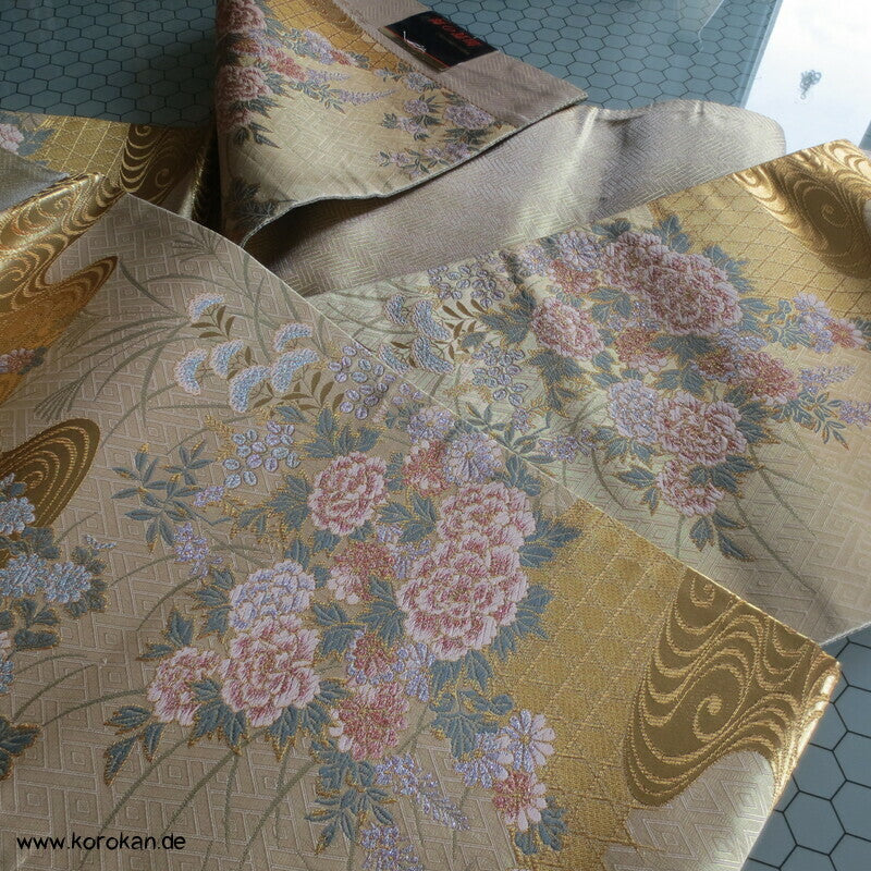 Päonien, Blüten Fukuro Obi Seidenbrokat Kimonogürtel, neu