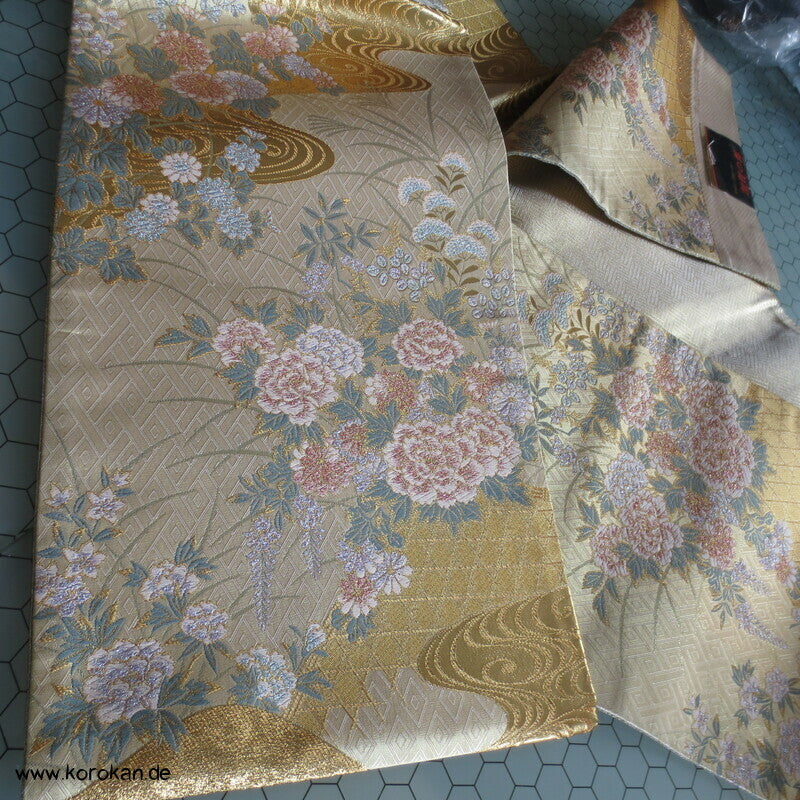 Päonien, Blüten Fukuro Obi Seidenbrokat Kimonogürtel, neu
