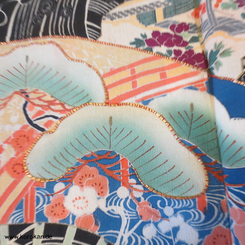 Fächermuster Tomesode / schwarzer Chu Furisode, rotes Futter