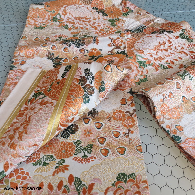 Pfau Chrysantheme Maru Obi Seidenbrokat Kimonogürtel