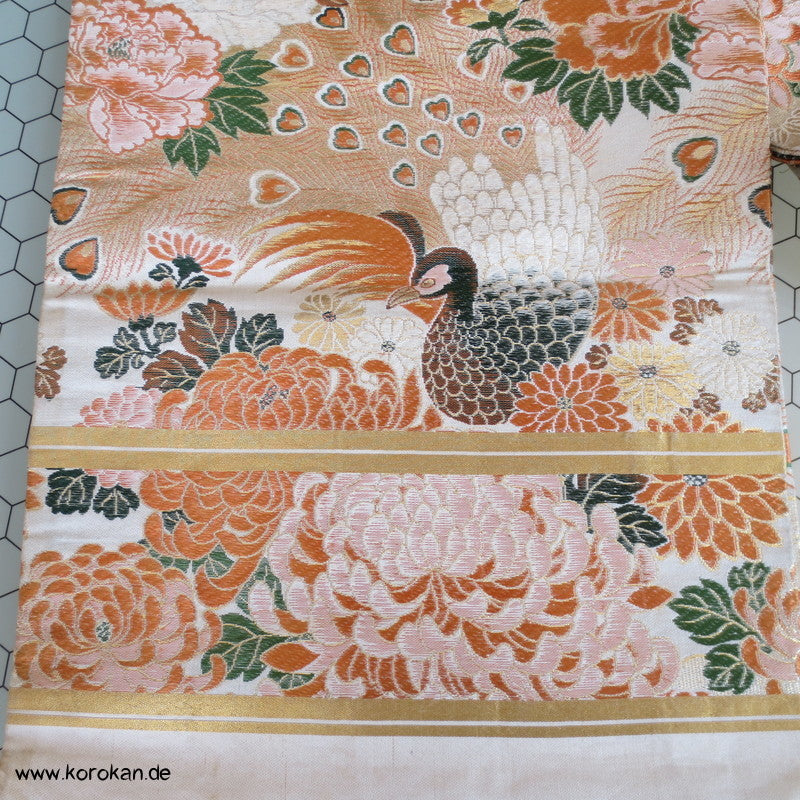 Pfau Chrysantheme Maru Obi Seidenbrokat Kimonogürtel