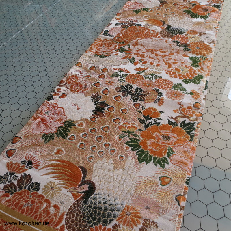 Pfau Chrysantheme Maru Obi Seidenbrokat Kimonogürtel