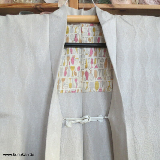 hellgraue Haori Kimono Jacke Seiden Lurex Tatewaku Jacquard