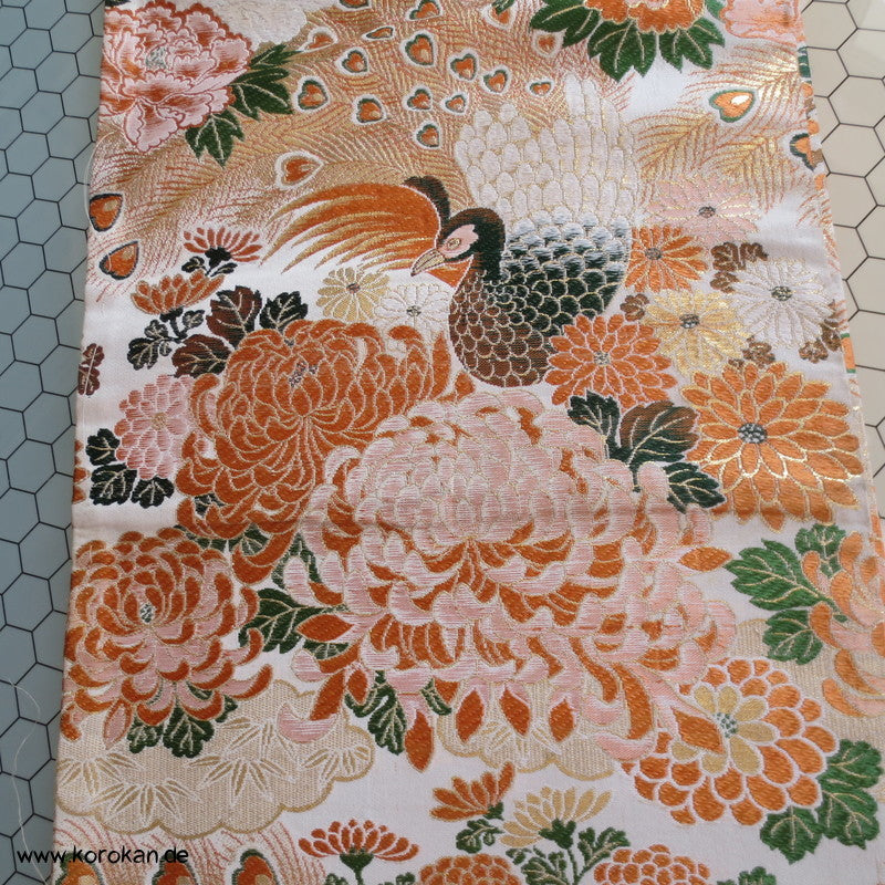 Pfau Chrysantheme Maru Obi Seidenbrokat Kimonogürtel