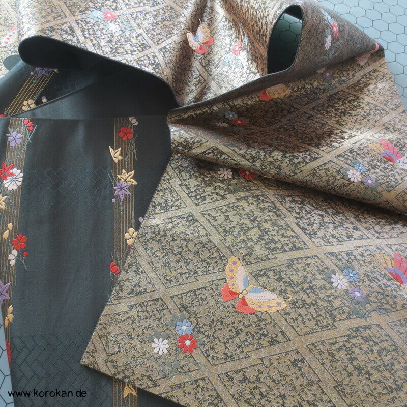 Schmetterlinge auf Matzukawabishi Fukuro Obi Seidenbrokat Kimonogürtel