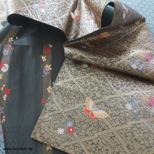 Schmetterlinge auf Matzukawabishi Fukuro Obi Seidenbrokat Kimonogürtel
