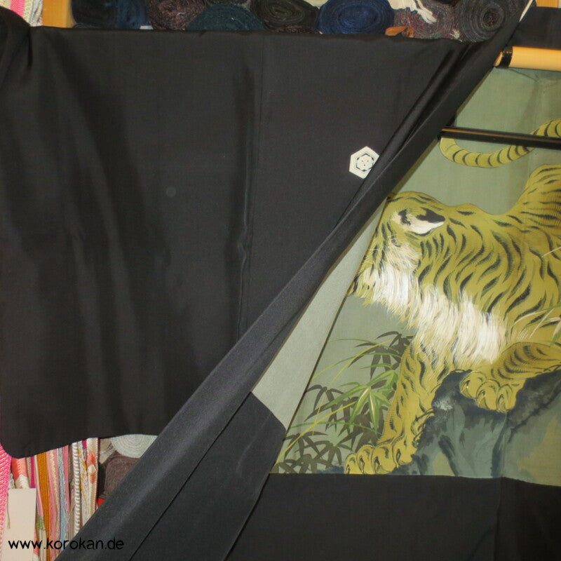 gemalter Tiger Futter, 5 Kikko Mon schwarze Haori Kimono Jacke