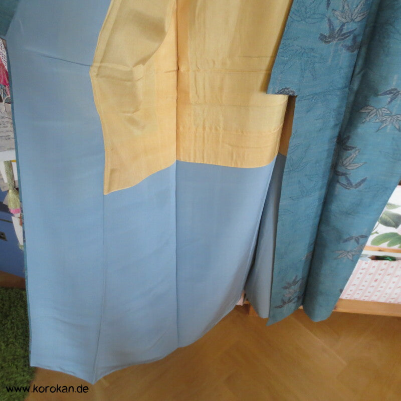 Bambus türkis petrol blau Kasuri Tsumugi Seiden Kimono