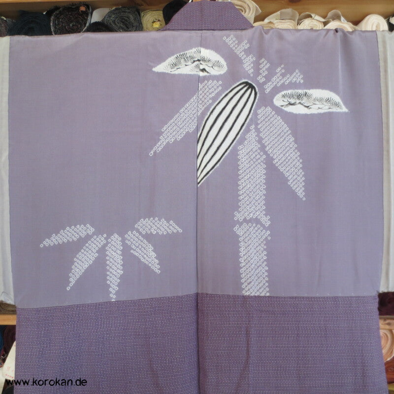 Kimono Haori Ensemble, lila Kasuri Tsumugi Seide