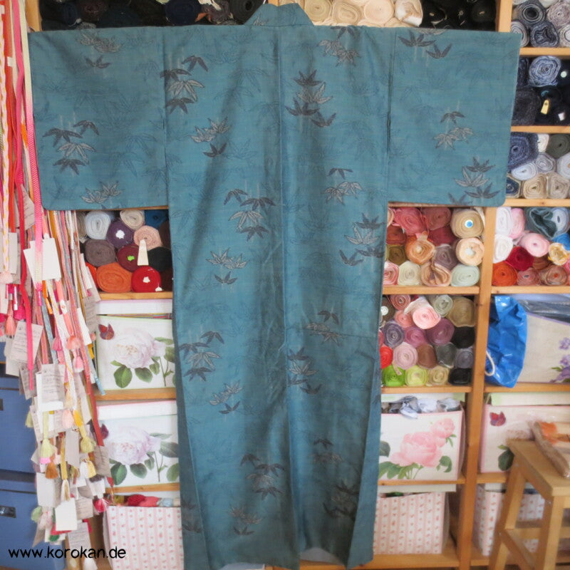 Bambus türkis petrol blau Kasuri Tsumugi Seiden Kimono
