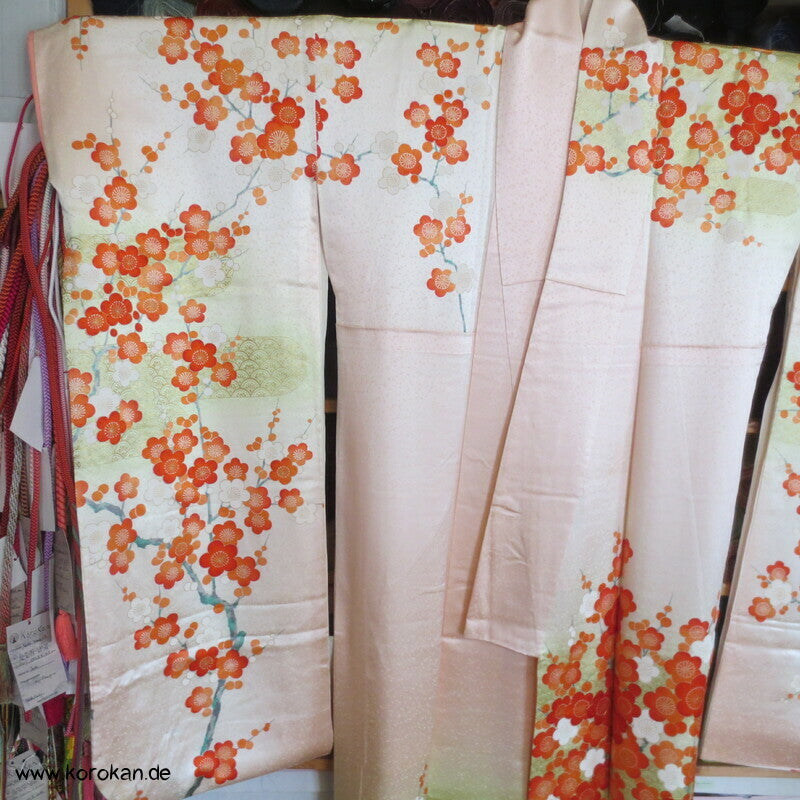 allover Sakurazweige, rosa, rot, gold Furisode Seidensatin Kimono