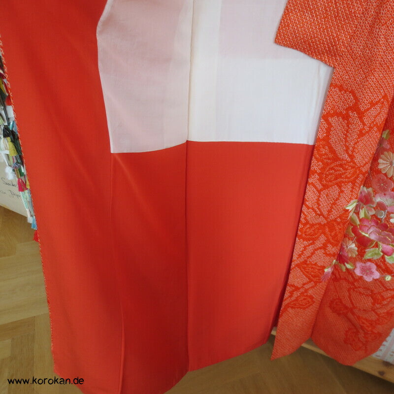 Full Shibori Furisode, Päonienstickereien, rosa auf orange