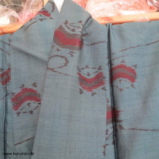 Spindeln in rot auf petrol Meisen Seiden Komon Kimono