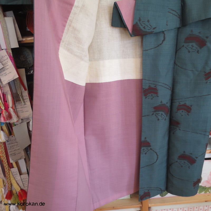 Spindeln in rot auf petrol Meisen Seiden Komon Kimono