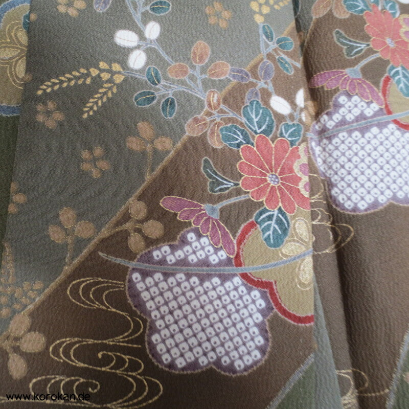oliv gold Blumen Seidencrepe festlicher japanischer Kimono, neu